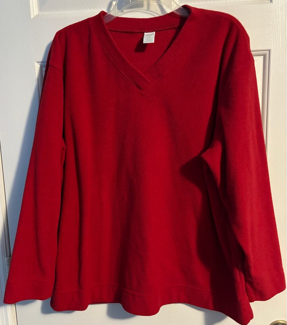 Lands End Fleece Pullover Womens Large 14-16 Red V-Neck Sweatshirt Sweater Cozy